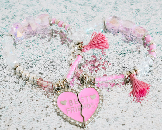 Pink Rhinestone Heart Best Friends Bracelet Set